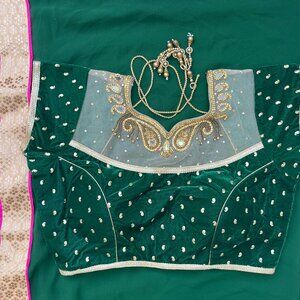 Green Velvet Blouse and Sari Set